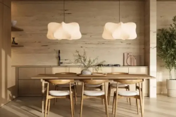 Estilo Japandi. Mesa de comedor en sitio calido