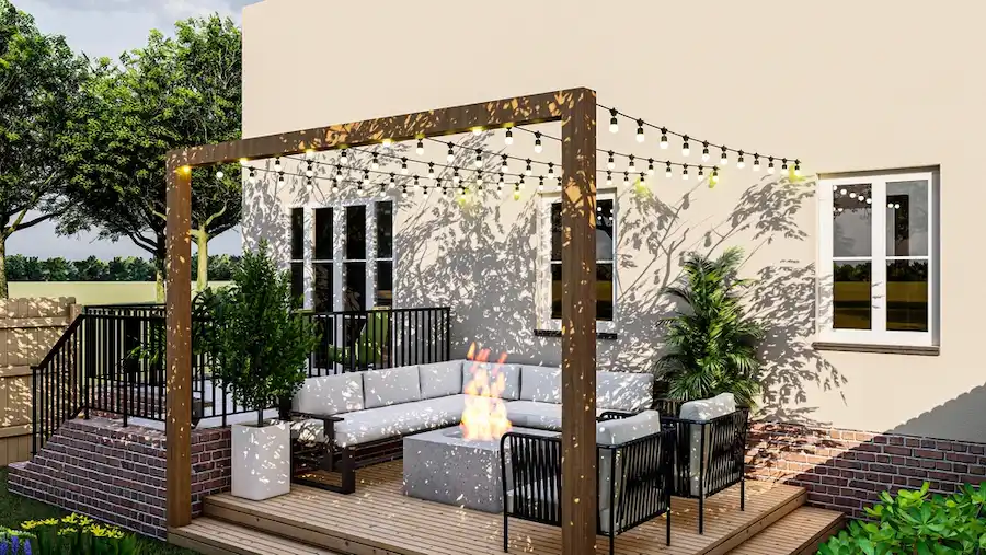 Decorar patio de luces interior con pérgola de madera, iluminación ambiental y zona de descanso moderna